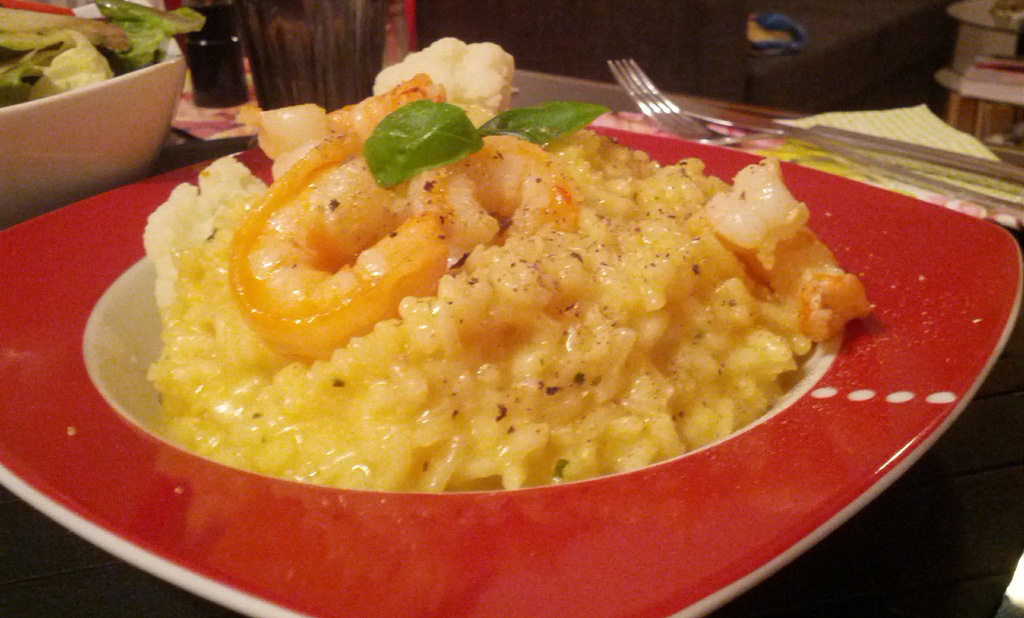 Delicious risotto with tiger prawns